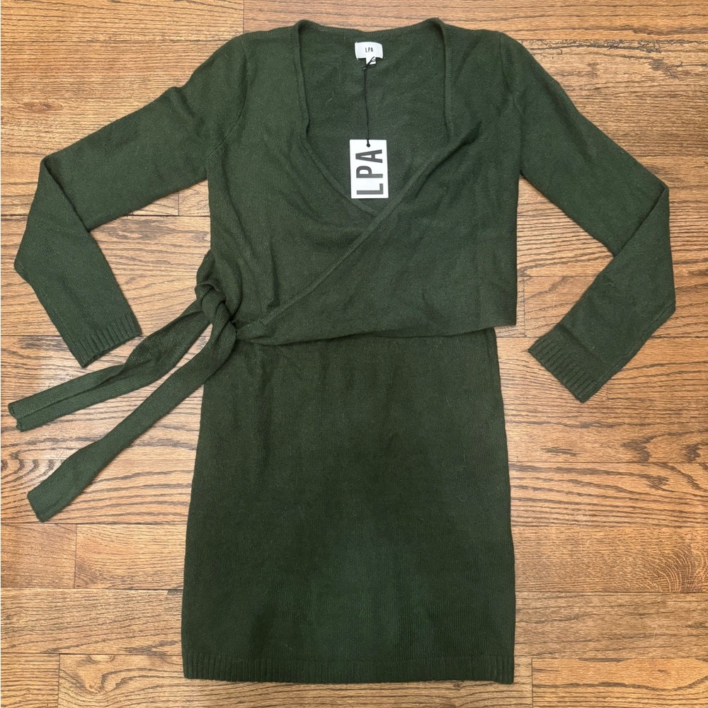LPA Green Wrap Sweater Dress Small NWT Long Sleeve Knit Tie Waist Mini